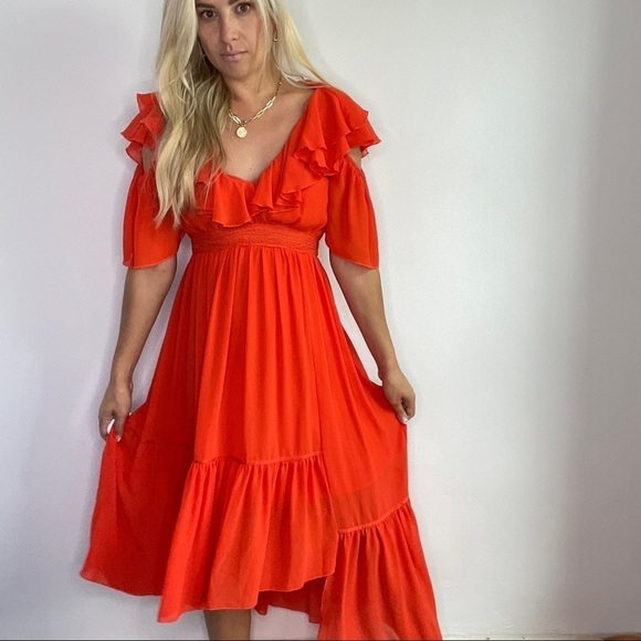 Three Floor Orange Red Ruffle Dress - Picture 7 of 10